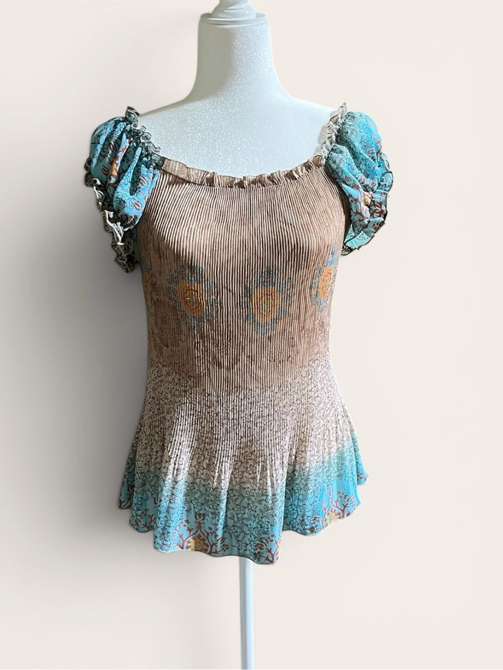 Vintage Y2K Agora Crinkle Pleated Whimsygoth Fairy Boho Blouse Cap Sleeve
